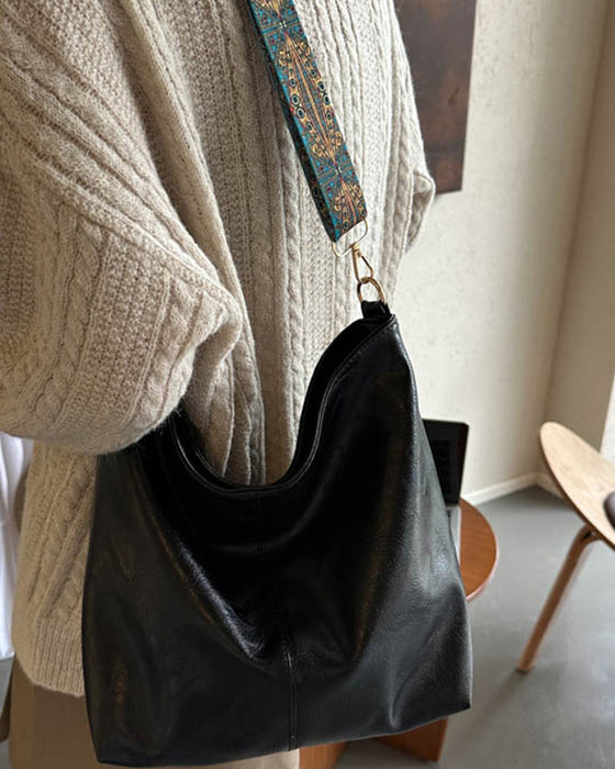 Vintage skulderreim bøtteveske med stor kapasitet