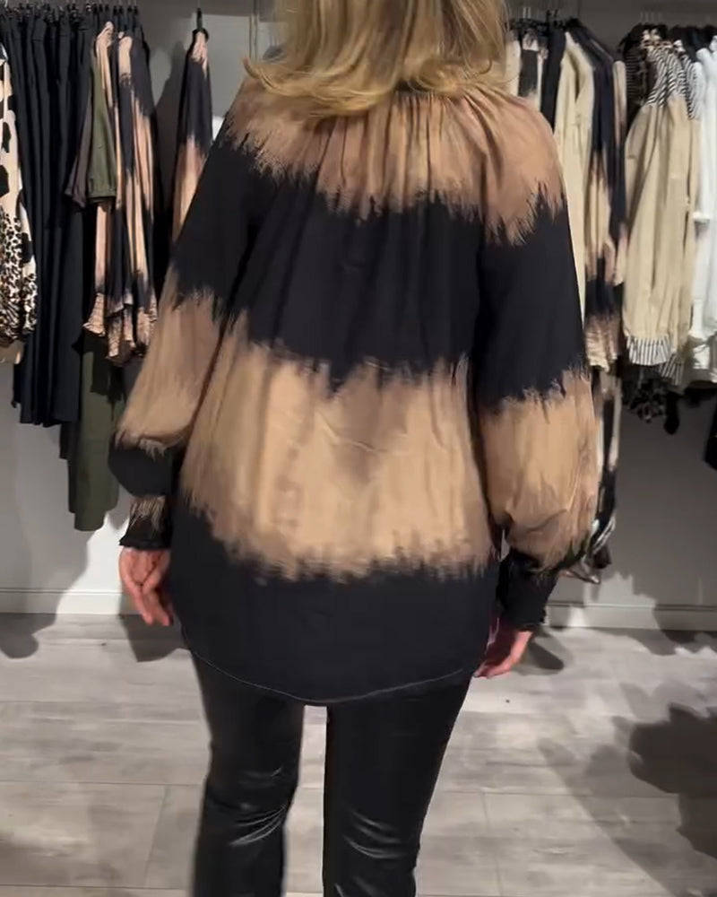 Vintage colorblock bluse med V-halsknapp