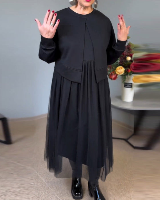 Uregelmessig mesh søm ensfarget elegant kjole