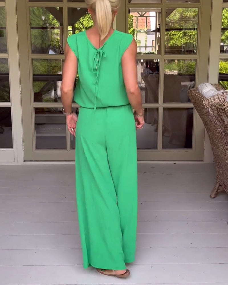 Ermeløs tank top brede ben bukser sett med solid farge og hul