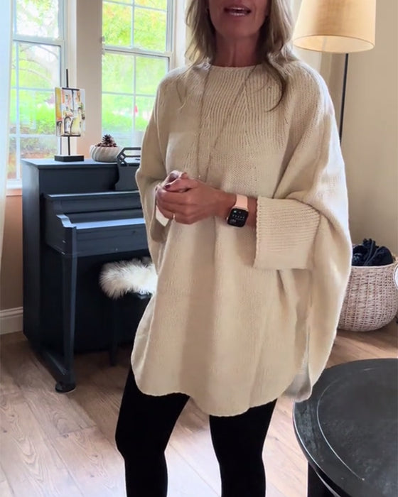 Mote ensfarget flaggermusermet genser med rund hals