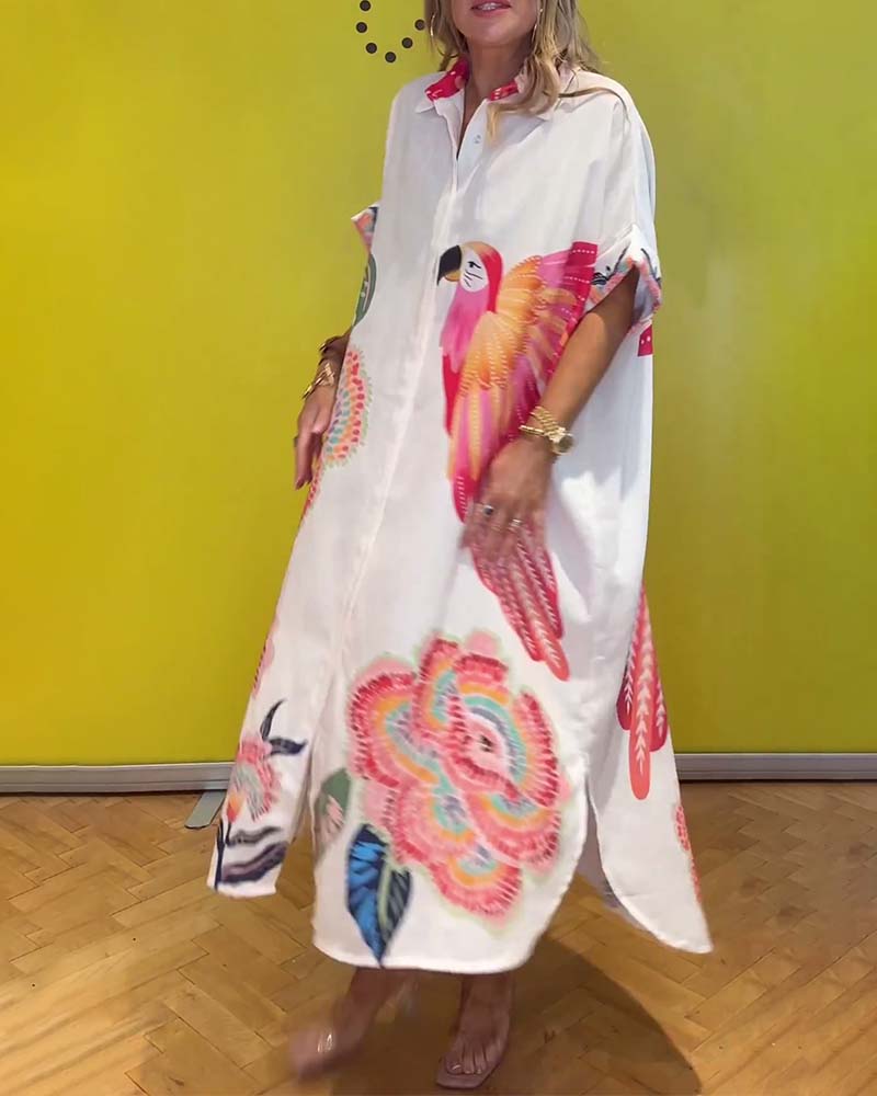 Lang printet kjole med jakkeslag