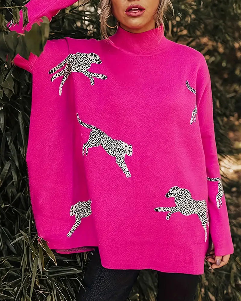 Stilig løs genser med leopardmønster med høy hals