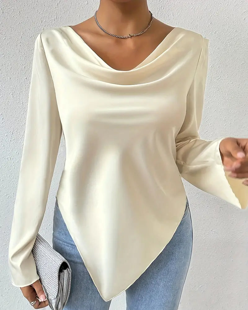 Casual ensfarget uregelmessig bluse med fold og lange ermer