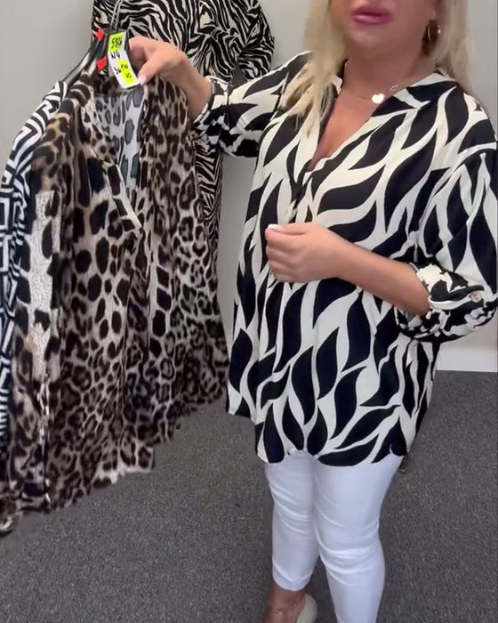 V-hals printet avslappet bluse