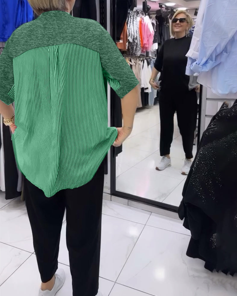 Uformell bluse med lappeteppe av nålestriper