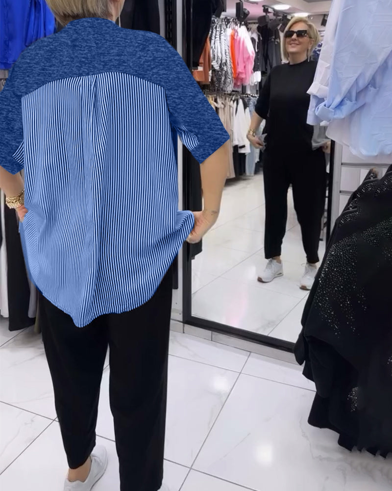 Uformell bluse med lappeteppe av nålestriper