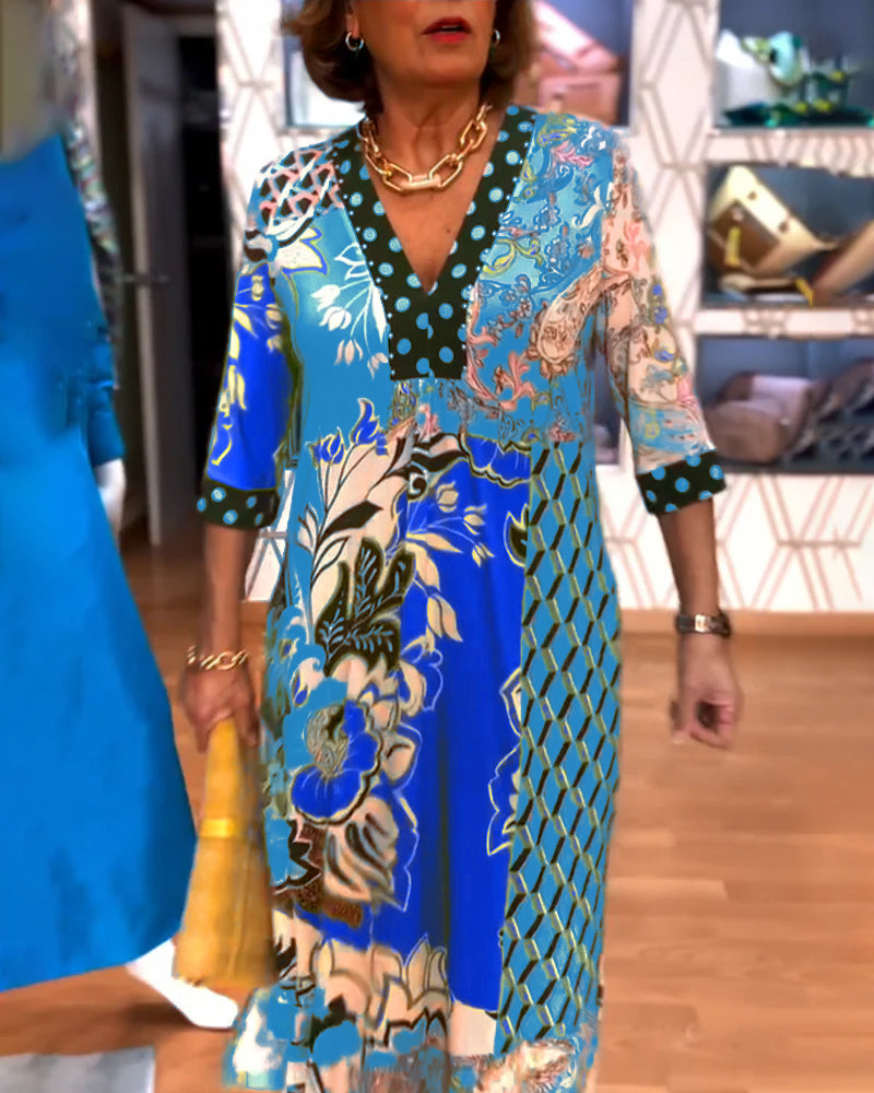 V-hals Kjole Med Vintage-Print Og Spalte-Design