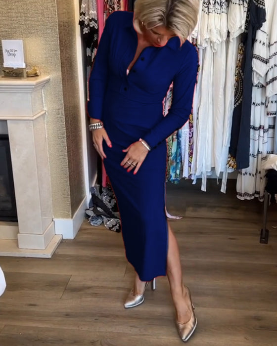 Ensfarget elegant kjole med splitt