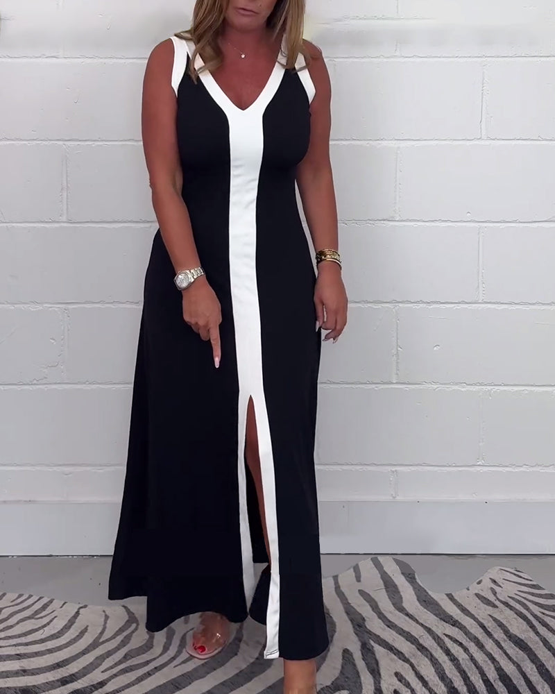 Ermeløs fargeblokk med splittkjole