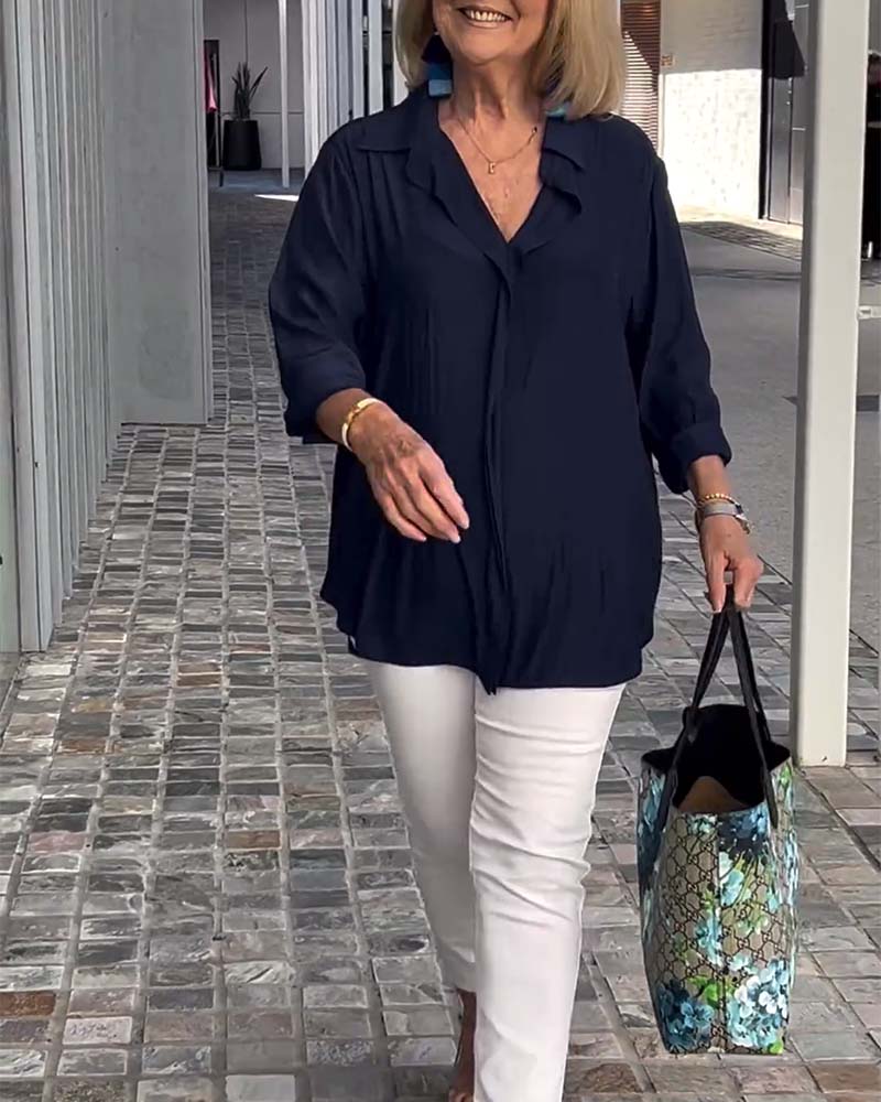 Lapel ensfarget løs bluse