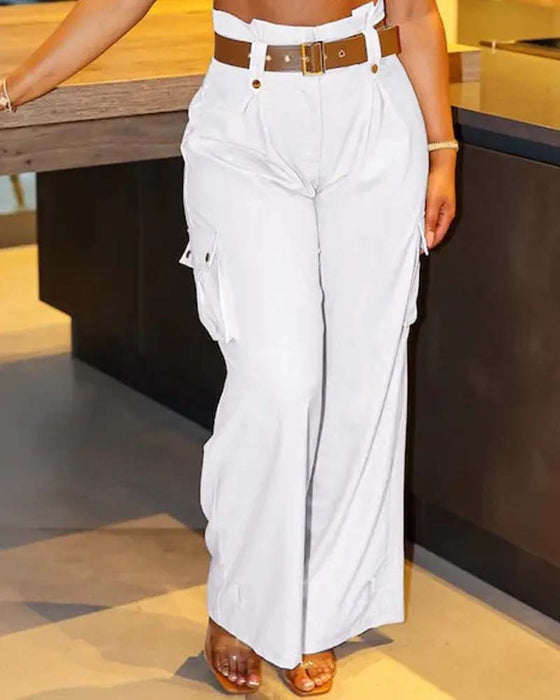 Ensfarget lomme casual cargo bukser