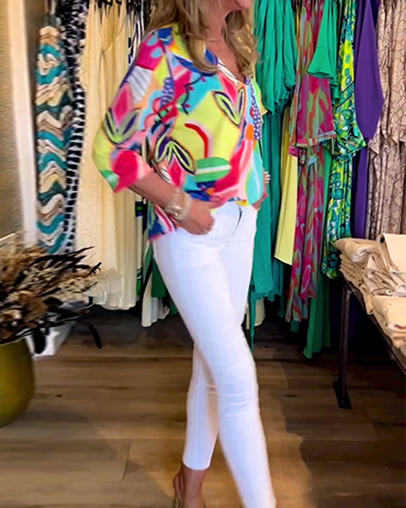 Langermet, løs bluse med trykk