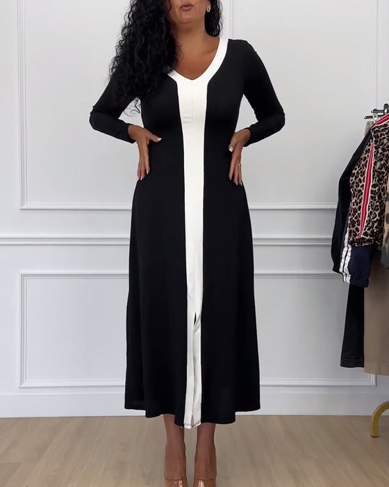 V-hals elegant kjole i kontrastfarge