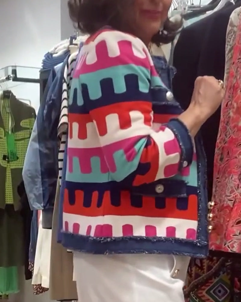 Raw kant knapper fargerikt print jakke