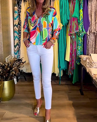 Langermet, løs bluse med trykk