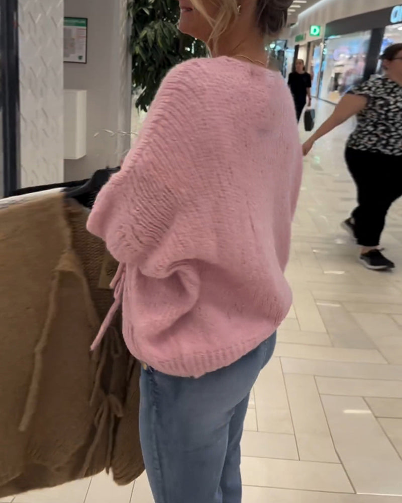 Uformell ensfarget langermet cardigan med snøring