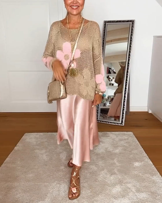 Uformell blomstret genser med lange ermer med rund hals og hul