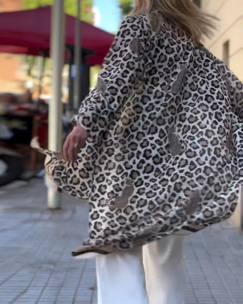 Leopard-print jakkeslag casual lang kåpe