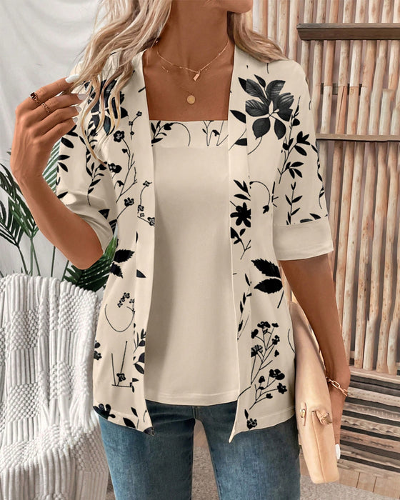 Elegant Falsk To-delt T-skjorte med Blomster-mønster