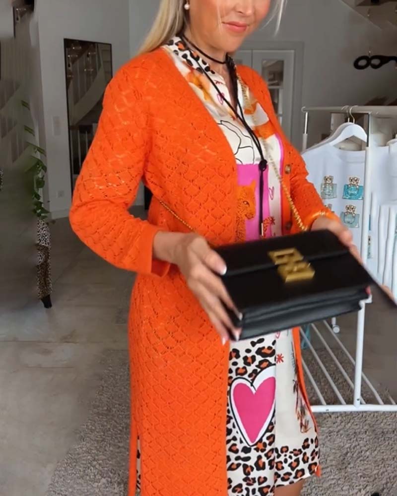 Patchwork kjole med V-hals i leopardmønster