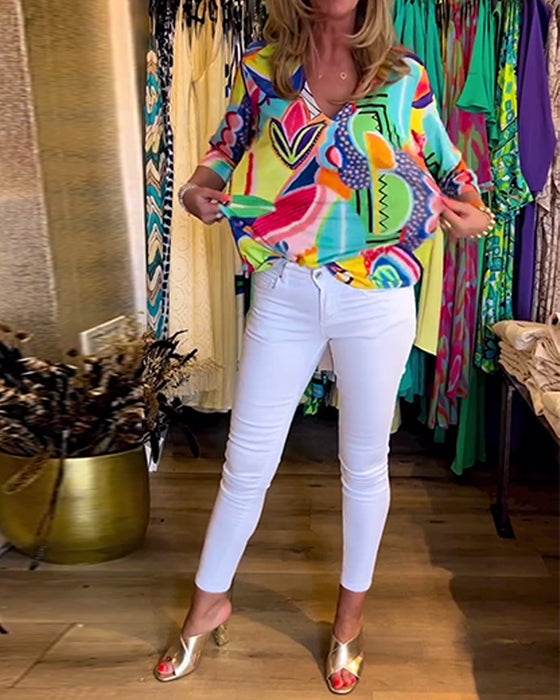 Langermet, løs bluse med trykk