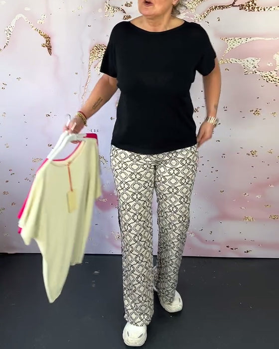 Ensfarget casual T-skjorte med rund hals