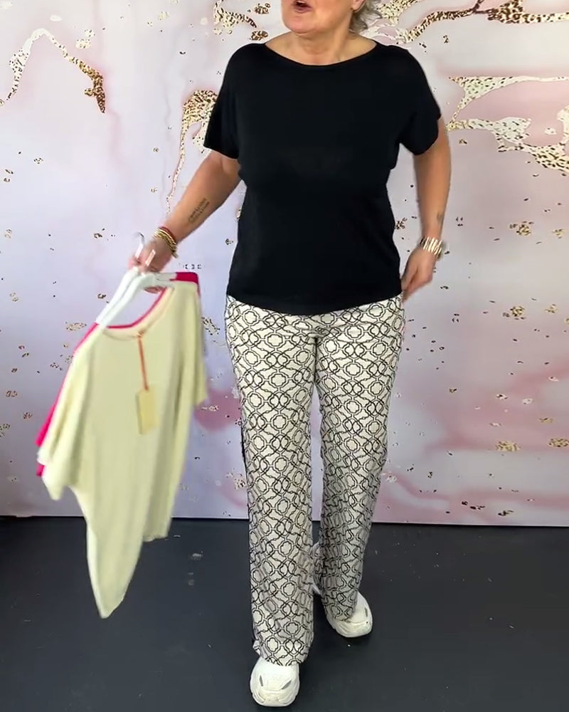 Ensfarget casual T-skjorte med rund hals