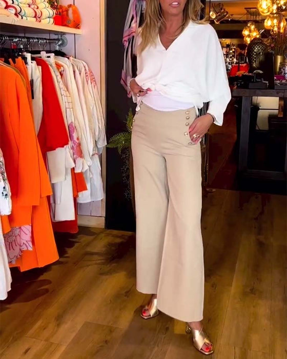 Ensfarget V-halsbluse med slips