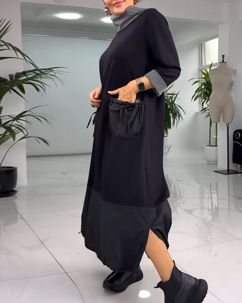 Uformelt rutete patchwork-lommekjole med høy krage