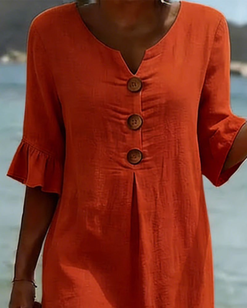 Robe Bouton Manche Volanté Coton-Lin