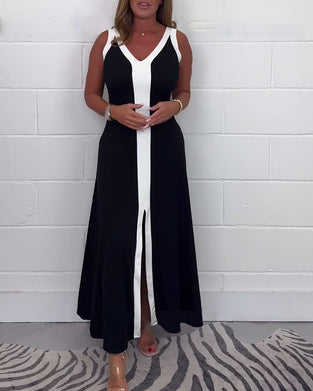 Ermeløs fargeblokk med splittkjole