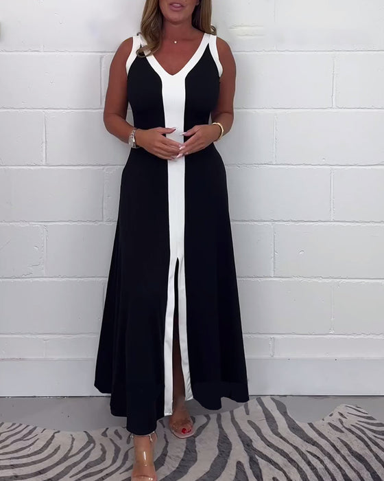 Ermeløs fargeblokk med splittkjole