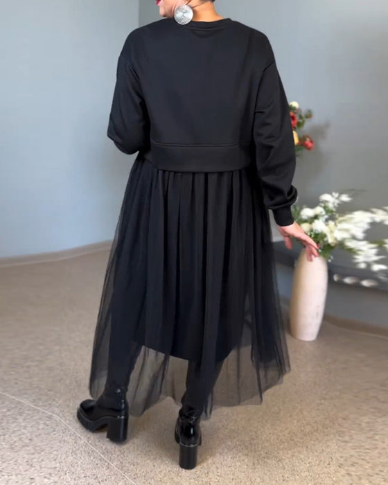 Uregelmessig mesh søm ensfarget elegant kjole