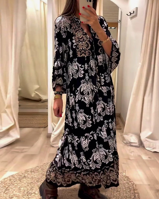 Vintage løs kjole med trykk og plissert