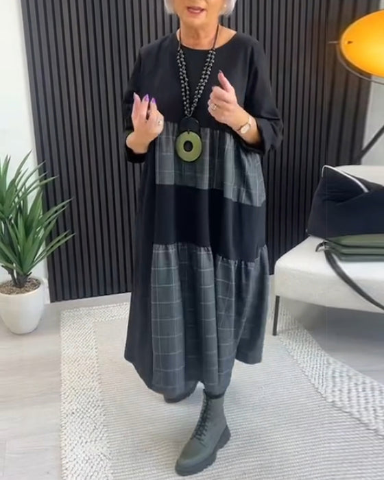 Uformell kjole med rutete patchwork og lomme