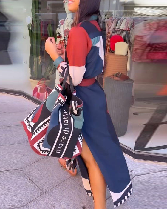 Uformell kjole med fargeblokktrykk med jakkeslag og snøring