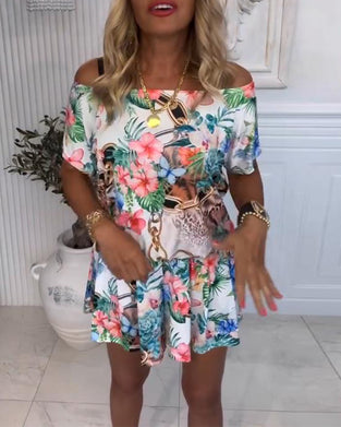 Jumpsuit Med Vekst og Blom Mønster, Off - the - Shoulder Stil