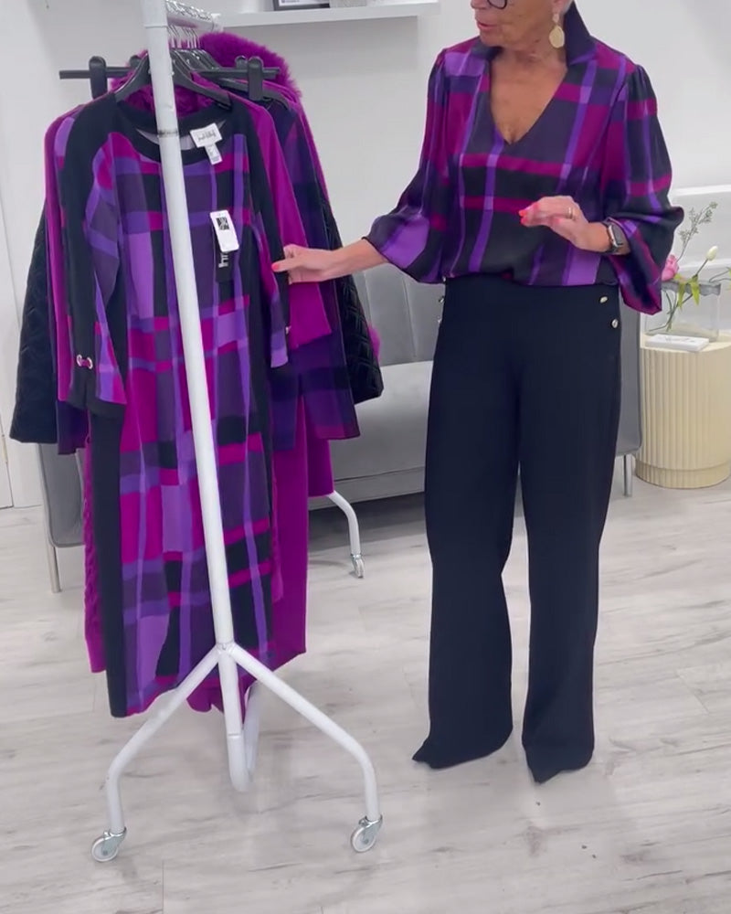 Lapel V-hals stor rutete bluse
