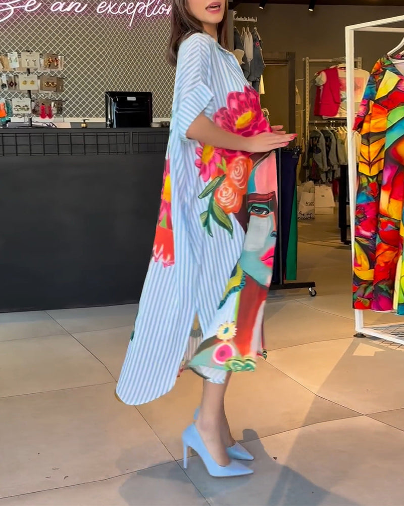 Vertikal stripete jakkeslagsbluse med karaktertrykk