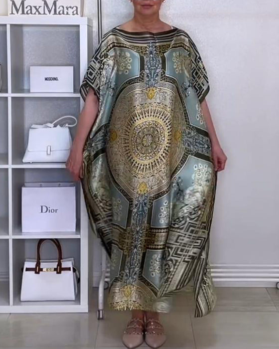 Boho-trykt løs kjole med slits