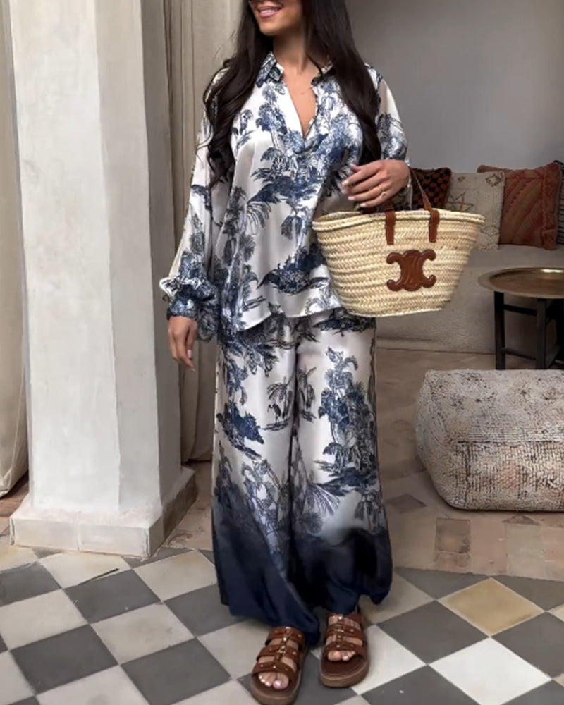 Todelt dress med plantegradienttrykk med lanternehylse