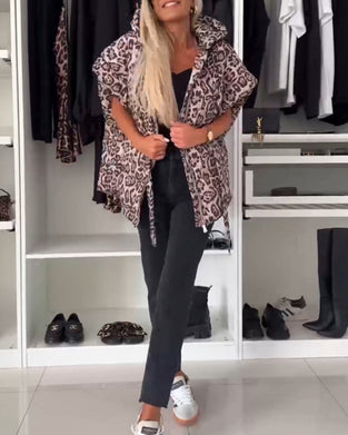 Mote leopard raglan-ermet hettejakke med glidelås