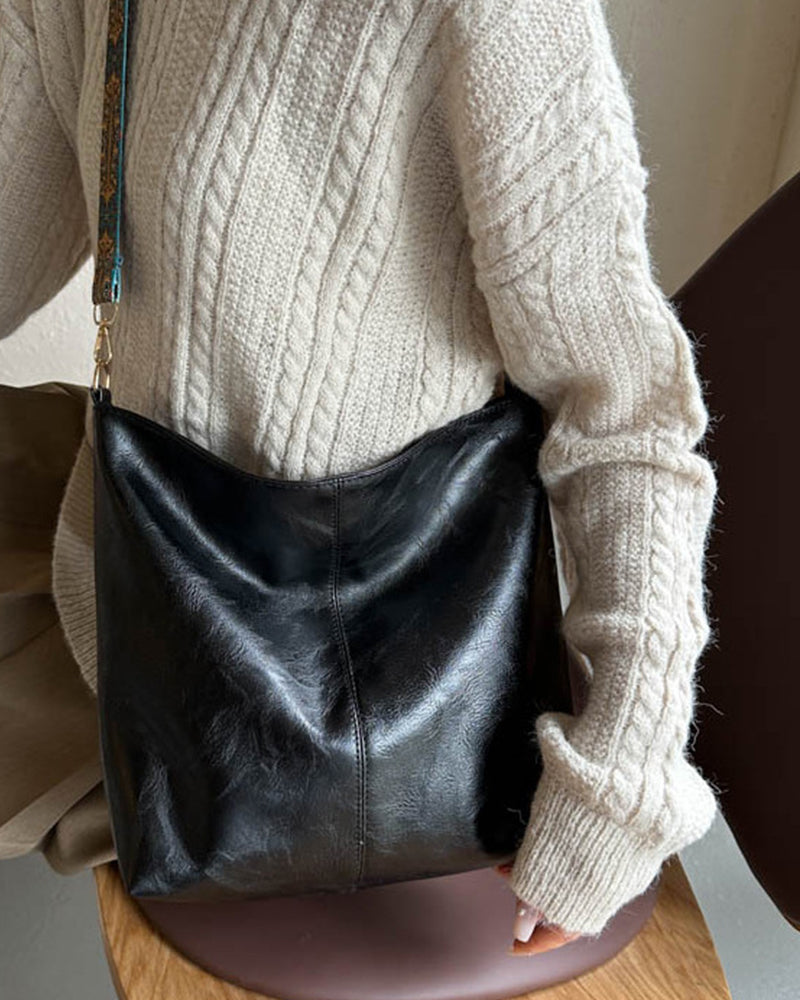 Vintage skulderreim bøtteveske med stor kapasitet