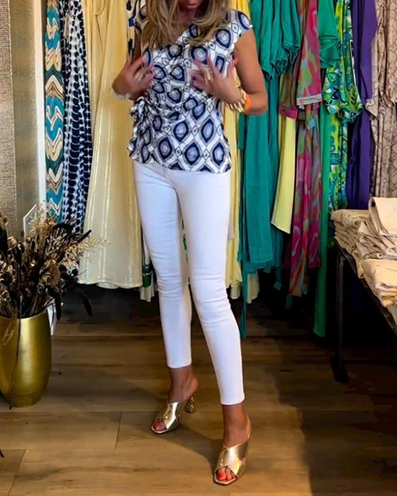 Printet ermeløs topp med snøring