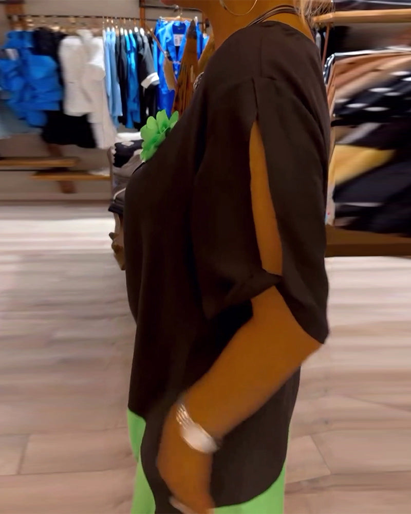 Rundhalset løst patchwork-kjole med fargetrykk