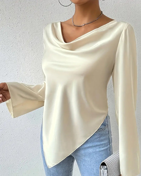 Casual ensfarget uregelmessig bluse med fold og lange ermer