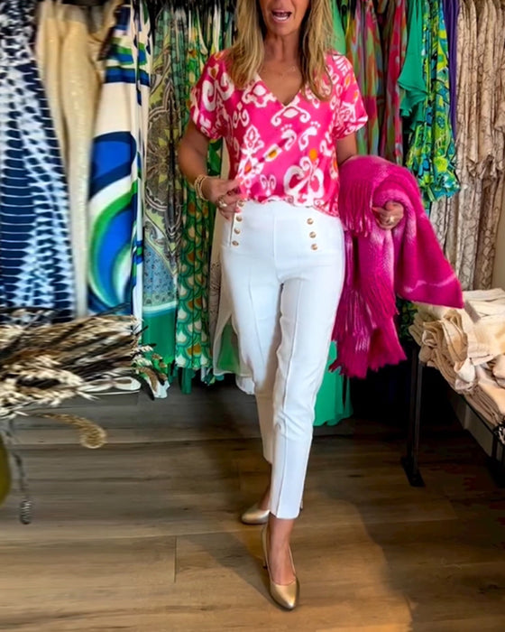 Trykt V-hals kortermet topp