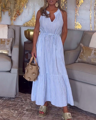 Stripeprint ermeløs kjole med snøring