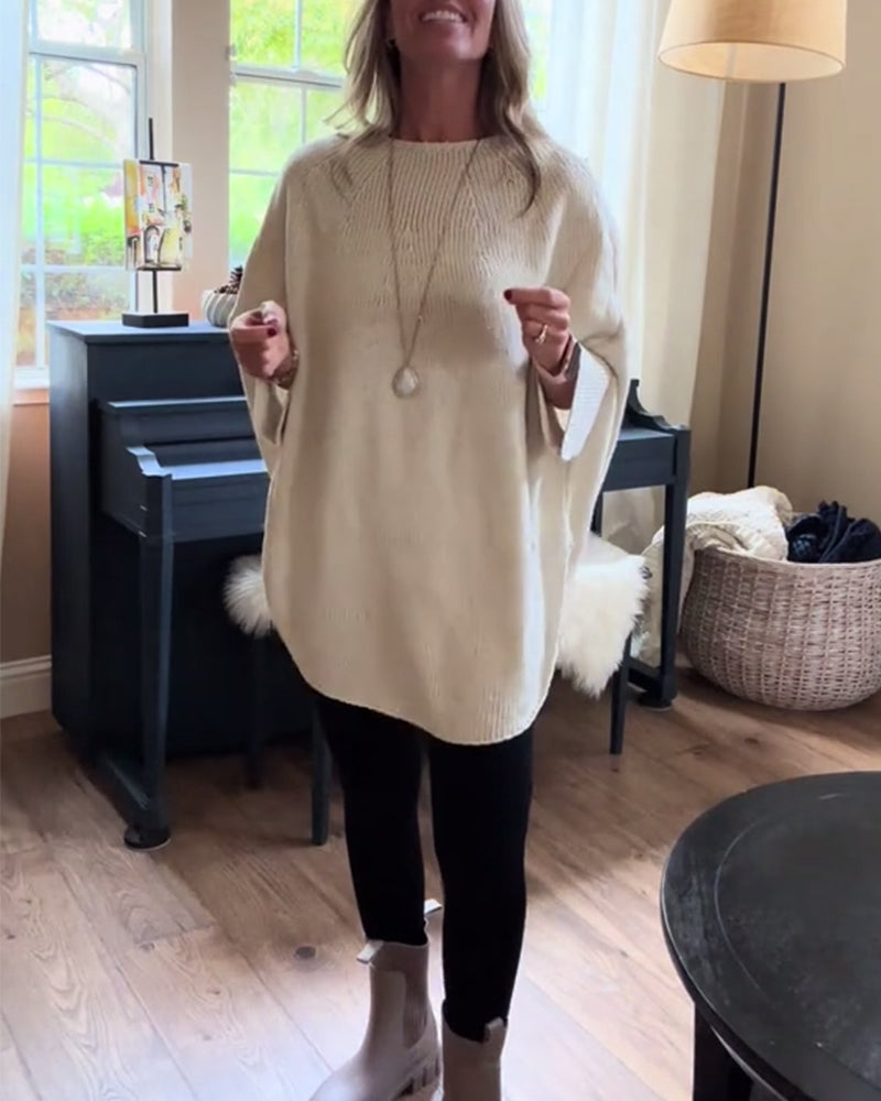 Mote ensfarget flaggermusermet genser med rund hals